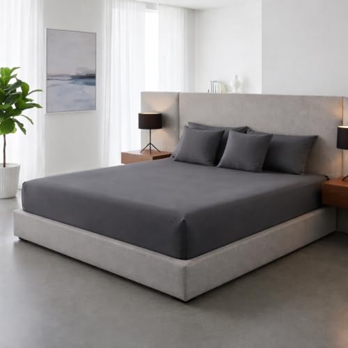 Image of 400TC Cotton Feel Glace Cotton Double Bed Elastic Fitted Bedsheet King Size Set || Includes 1 Solid Plain Fitted Bedsheet King Size with 2 Pillow Covers (78 x 72 Inches, Grey)