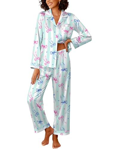 Image of Ekouaer Womens Silk Satin Pajama Sets 2 Piece Sleepwear Pjs Set Long Sleeve Button Down Top and Pants Stripe Loungewear S-XXL