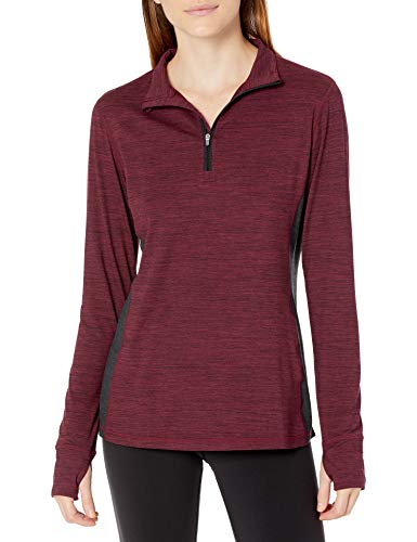 Amazon Essentials Women's Brushed Tech Stretch Long-Sleeve Quarter-Zip Shirt, Burgundy/Black Spacedye, Large