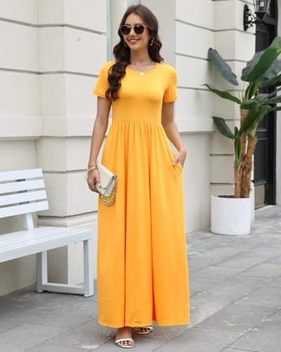Image of COSSEN Women's Crew Neck Short Sleeve Maxi Dress with Pockets Casual Loose Swing for Wedding Guest Beach Vacation