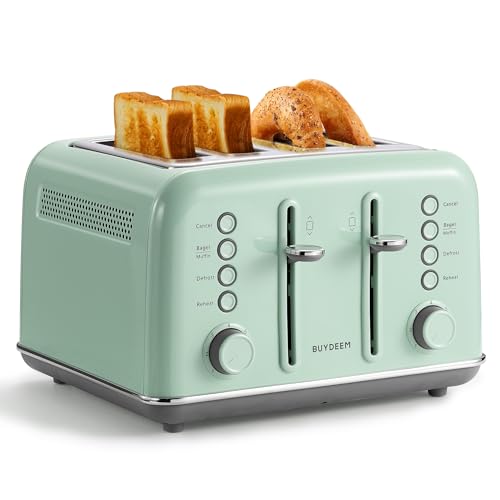 Image of BUYDEEM DT640 Retro 4 Slice Toaster, 7 Shade Settings, Extra Wide 1.5'' Slots, Stainless Steel Toaster with Bagel Muffin Defrost Reheat Function, Green
