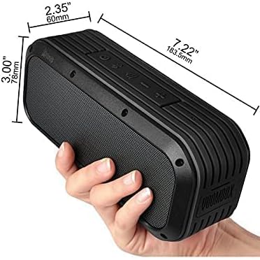 Divoom Voombox Outdoor Speaker held in hand, showing dimensions