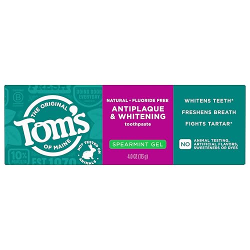 Toms of Maine Antiplaque and Whitening Fluoride Free Natural Toothpaste Gel Vegan Spearmint 4 Ounces (3 Pack)