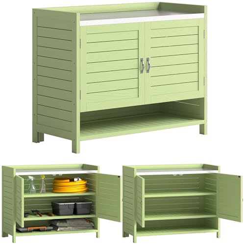 Outsunny Pflanztisch mit Unterschrank aus Holz Outdoor Gartenschrank mit verzinkter Arbeitsplatte 3 Regalböden Doppeltüren wetterfest Gärtnertisch für Garten Balkon Terrasse 88 x 40 x 70 5 cm Grün