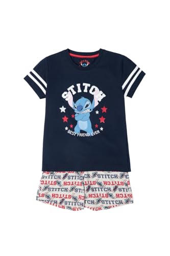 Disney Pijama Niño Stitch University de Algodón con Manga Corta Cuello Redondo Pantalón Corto Detalle Estampado Bordados y Diseño de Verano Color Mari
