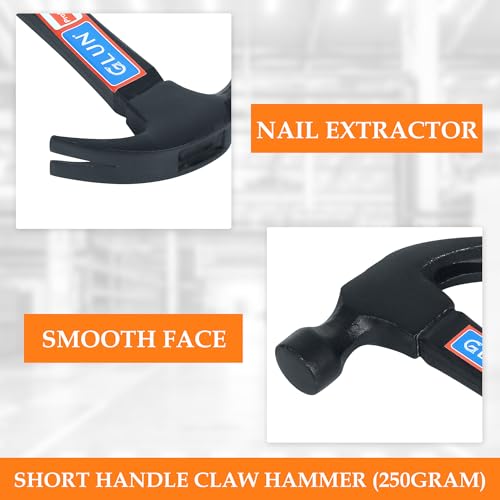 Image of GLUN Claw Hammer, Fiberglass Mallet with Comfort Grip Handle, Camping Long Claw Hammer, Stubby Tack Hammer for Driving