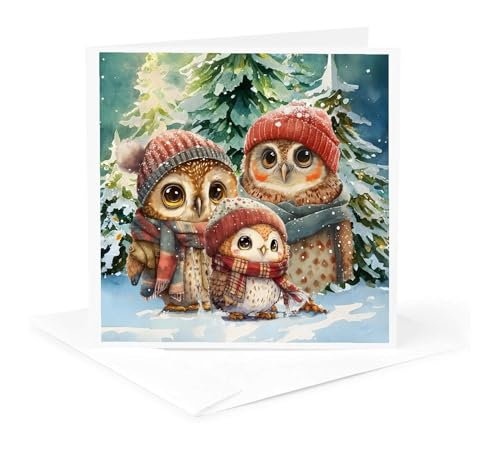 3dRose, Owl Family in Winter Clothing Standing in Winter Woodland Christmas, 1 Greeting Card with en