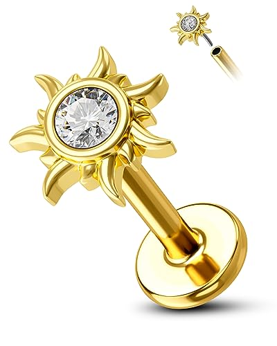 COCHARM 14K Solid Gold Threadless Sun Helix Flat Tragus Earring Stud Flat Back 16g Cartilage Earring Yellow Gold Push Pin Cartilage Piercing 8mm 6mm Tragus Piercing Jewelry