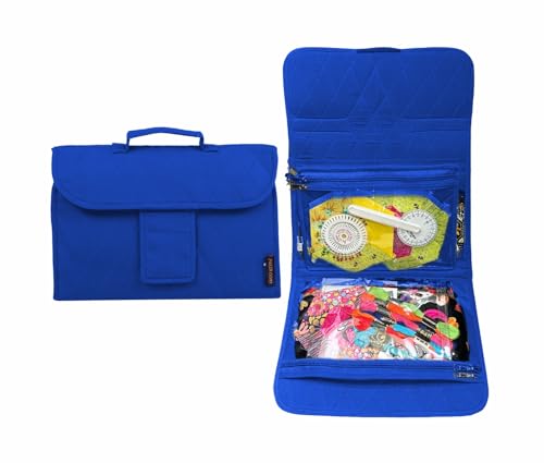 Image of Yazzii Trifold Craft Project Case - Sewing and Craft Supplies Storage Tote, Travel Organizer Bag with Clear Pockets and Handle for Knitting, Crochet, Sewing Accessories - Royal Blue