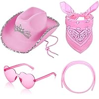 Haysandy Cow Print Cowboy Hat Cowgirl Costume Accessories Set Cowgirl Hat Heart Sunglasses and Bandana for Halloween(Pink Crown)