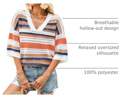 Image of Saodimallsu Womens Short Sleeve Sweaters V Neck Crochet Knit Striped Hollow Out Tops Beach Cruise Outfits