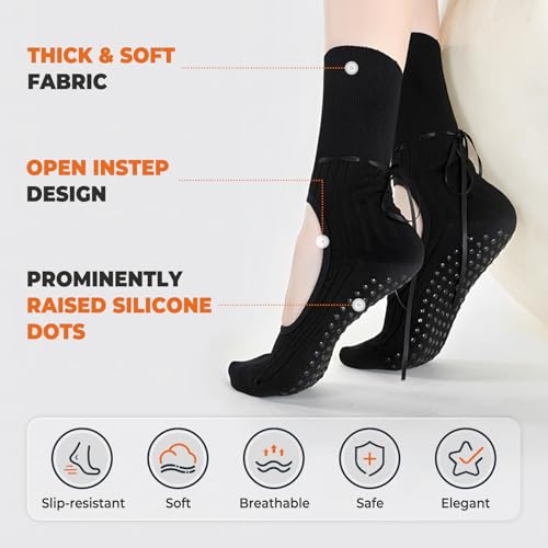 Image of Non Slip Pilates Grip Socks for Women Yoga Barre Knitted Cotton | Full Foot Sticky Silicone,Soft Breathable Comfortable,Durable Washable Anti Skid,Gentle Arch Compression Support