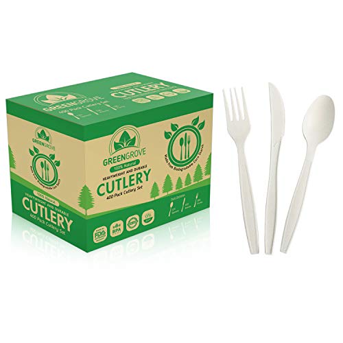100% Compostable Forks, Spoons and Knives Cutlery Combo Set- 400 Large Biodegradable Ecofriendly Silverware Utensils with Tray