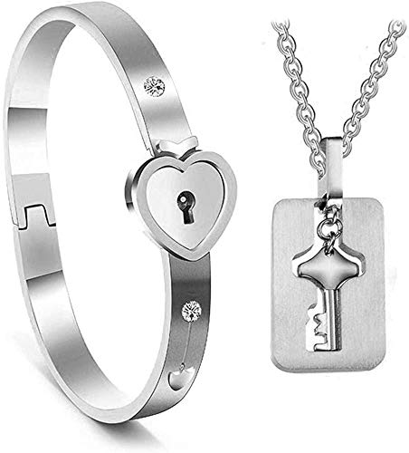 Lock and Key Bracelet and Necklace Set, His& Hers Matching Set Plated Titanium Love Lock Set Couple Heart Bangle Bracelet Lock Key Pendants (Silver, Heart Bracelet & Square Key Necklace)