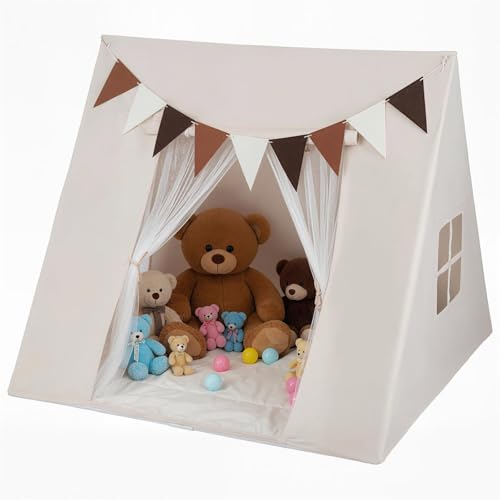 COSTWAY Tente de Jeux Enfant avec Drapeaux & Tapis, Cabane Enfant Intérieure Triangle avec Fenêtres & Tissu Lavable, Style Princesse pour 2-3 Enfants de 3...