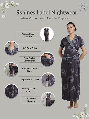 Image of 9shines Label Stylish Cotton Nighty Robe for Women | Front Open Floral Housecoat | Wrap Nighty with Pocket | Adjustable Waist Tie | Plus Size Housecoat (9SHC-PM-L)