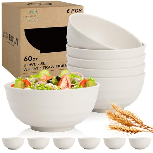Image of Large Salad Bowl, Wheat Straw Bowls Set 60 OZ, Unbreakable Big Bowls Set of 6, Large Serving Bowls for Kitchen, Cereal, Ramen, Soup, Microwave & Dishwasher Safe, White