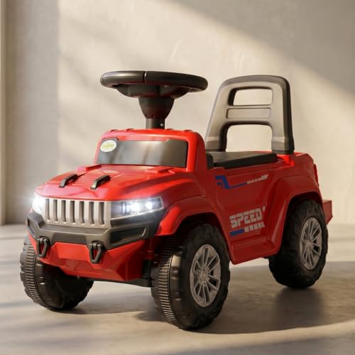 Image of Baybee Speedy Baby Ride on Car for Kids | Push Rideons Toys Car with Music & LED Light | Portable Ride on Jeep with Backrest & Storage Basket | Kids Car to Drive 1-3 Years Boys Girls (Red)