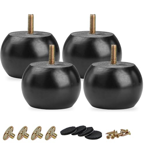 Lot de 4 pieds de meubles en bois massif tourné noir de 5 cm avec boulons de suspension M8 et écrous en T ou canapé, armoire, ottomane inclinable, commode