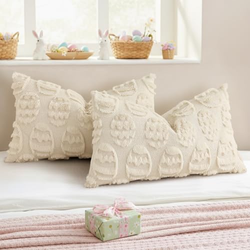 Image of decorUhome Easter Beige Egg Pillow Covers 12x20 Inch Set of 2, Soft Plush Faux Wool Jacquard Cushion Covers, Farmhouse Neutral Fuzzy Spring Easter Holiday Decor for Couch Sofa Bed