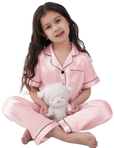 SWOMOG Satin Pyjamas for Teenage Girls Short Sleeve Button-Down Pjs 3 Pcs Kids Nightwear Short Sleeve Lounge Sets Pink 12-13 years old