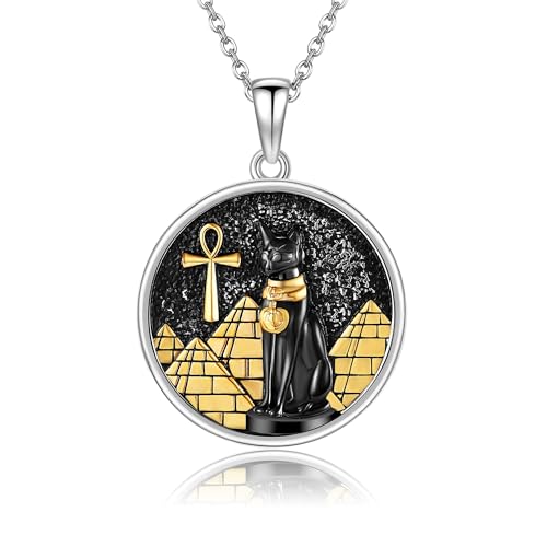 Bastet Sterling Silver Egyptian Cat Pendant Necklace - Ankh Eye of Horus Black Cat Gifts for Women & Men