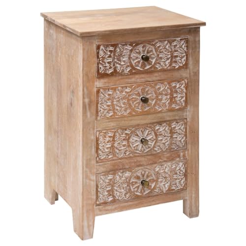 Atmosphera - Chiffonnier 4 Tiroirs Shirel - Bois de Manguier Sculpté - L 50 x P 40 x H 80 cm - pour Chambre, Salon, Entrée