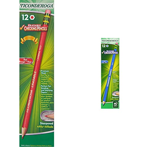 Image of Ticonderoga Erasable Checking Pencils with Eraser, Pre-sharpened, Red, 12-Pack (14259) & Erasable Checking Wood-Cased Pencils, Pre-Sharpened, Blue, 12 Count