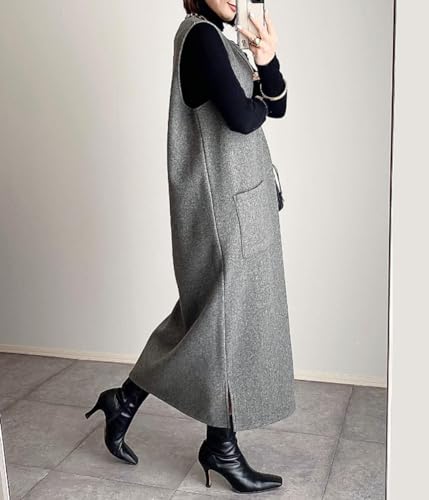 chouyatou Women's V Neck Wool Blend Long Vest Jacket Sleeveless Maxi Wool Vest Dress with Pockets2