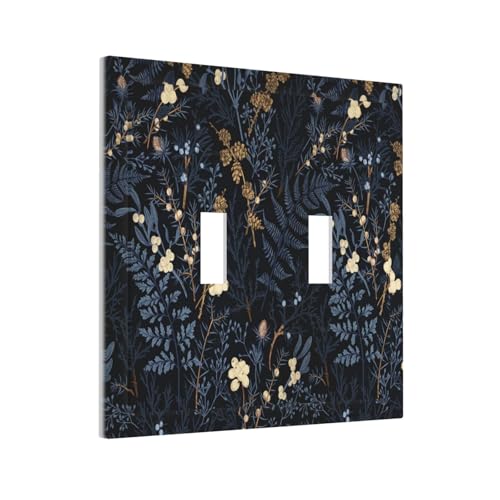 Decorative Switch Plate Covers Rustic Navy Dark Blue Leaves Golden Floral 2 Gang Light Switch Cover Plate Unique Double Toggle Wall Plate Light Switch Covers for Bedroom Home Decor