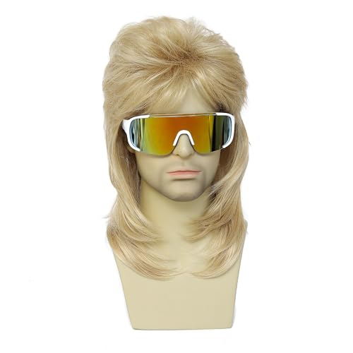 Image of 80s Mullet Wig for Men Blonde, Vintage 70s 80s Punk Rock Disco Wig with Sunglasses Comb Wig Cap, Adult Halloween Costume Cosplay Party Wig Set (Light Blonde)