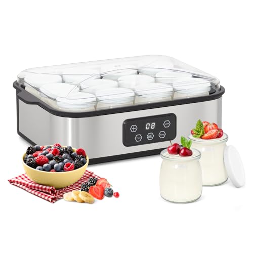Todeco Yogurtera Eléctrica con 12 Tarros de 180 ml con Tapa, Máquina de Yogur Casero de Acero Inoxidable, Pantalla LCD, Tiempo y Temperatura Ajustable, para Yogur Griego, Yogur Frutas