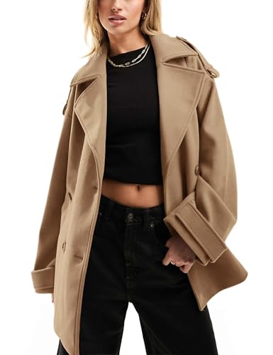 Majdan Women's Double Breasted Short Peacoat Winter Thick Wool Coat Oversized Jacket with Pockets2