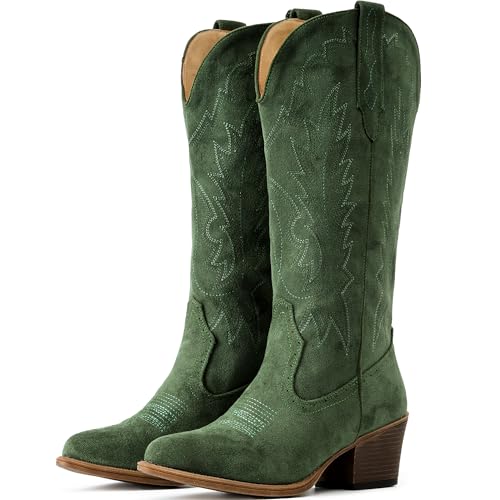 IUV Suede Cowboy Boots For Women Chunky Heel Pointed Toe Cowgirl Boots Mid Calf Western Embroidery fall Boot