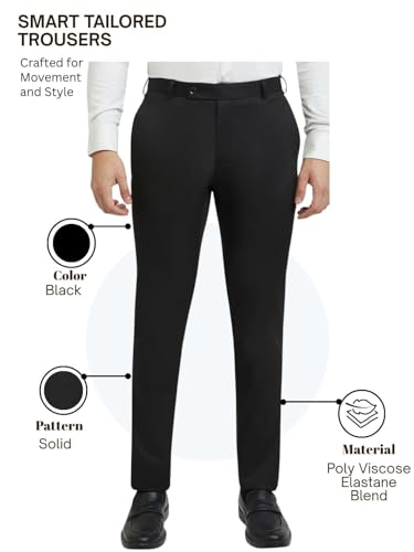 Image of Raymond Men Mid Rise Slim Fit Solid Pattern Poly Viscose Blend Flat Front Formal Trouser