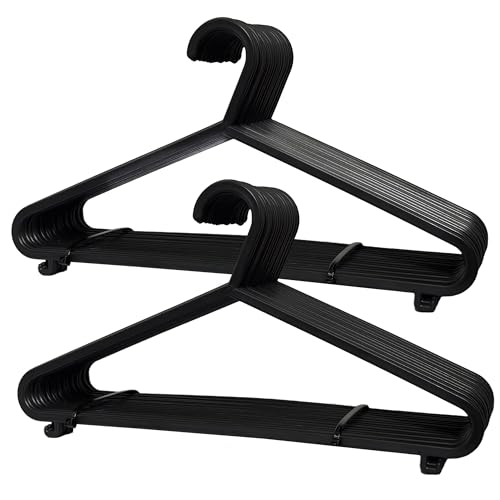 25x Adult Coat Hangers for Clothes Black Plastic Hangers with Trouser Bar and Lips, Space Saving (37cm Wide)
