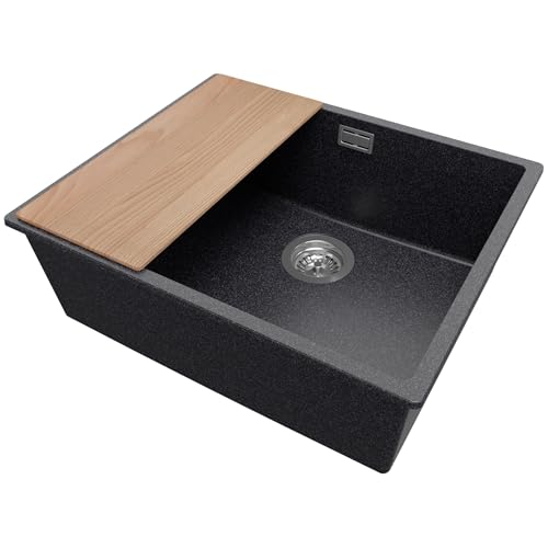 PRIMAGRAN Fregadero Cocina Grafito 56x47cm, Granito 1 Seno + Sifón + Tabla de cortar, Sobre encimera al mueble 60cm - London Slim