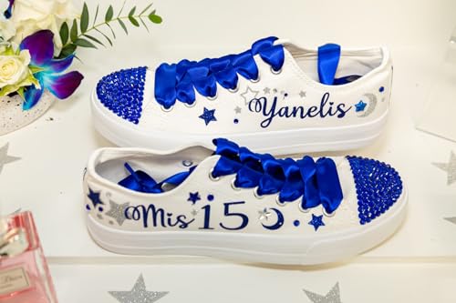 Quinceanera Sneakers Royal Blue - 15 Birthday personalized Shoes with stars and moons - Zapatillas de 15 Blue Customized Shoes - Dancing 15th Party (8)4