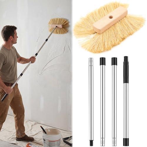 Singhoow 1 Pcs Crows Foot Drywall Texture Brush with Adjustable Stainless Steel Extension Pole - Sisal Fiber Wall Texture Tool for DIY & Professional Use 12.8 8.5 Inches