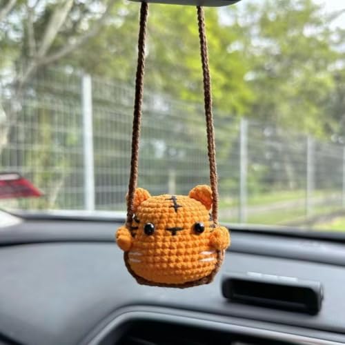 Image of Crochet Swinging Tiger Car Mirror Hanging Accessories, Cute Car Decorations for Women Aesthetic, Handmade Knitted Rearview Mirror Car Accessories Home Office Car Mirror Decor