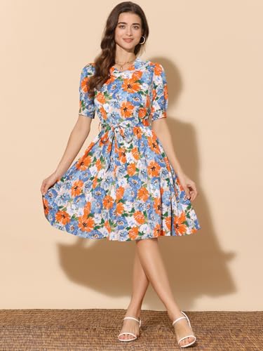 Image of Allegra K Women's Vintage Peter Pan Collar High Waist Flowy Midi Puff Sleeve Floral Dress