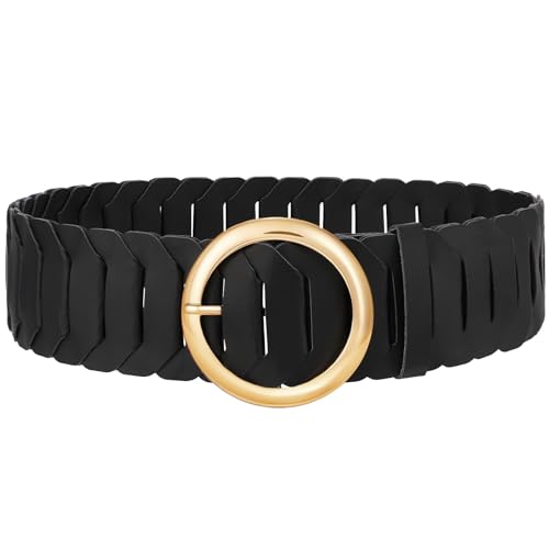 WHIPPY Wide Belts for Women with Fashion Round Gold Buckle Vintage Ladies Braided Wide Waist Belts for Dresses Coats