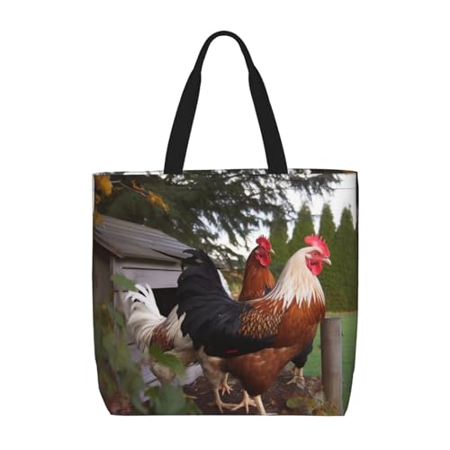 BackYard Chickens Tote Bags for Women Canvas Tote Purse Large Shoulder Bag Aesthetic Shopping Bags Reusable Grocery Bag Hobo Bags Casual Handbags, Top Zipper Closure
