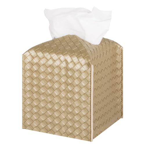 Tissue Box Cover PU Leather Tissue Holder Square Facial Tissue Case Facial Paper Organizer Dispenser for Bathroom Vanity Countertop Tabletop Car Gold