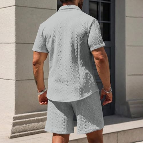 Mens 2 Piece Outfits Summer Fashion Casual Beach Vacation Button down Short Sleeve Solid Shirt with Shorts Lounge Set3