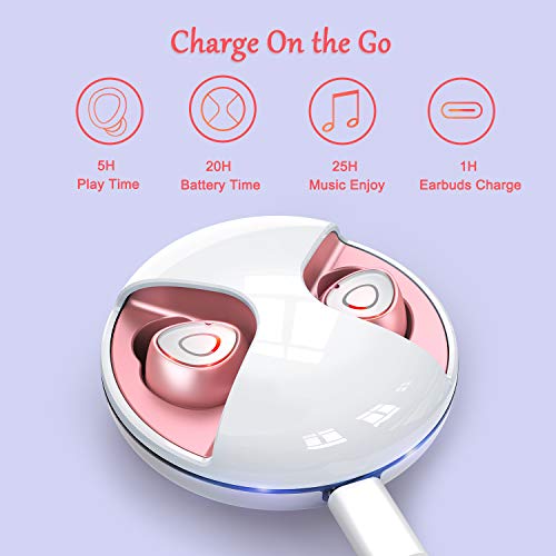Rose Gold Wireless Earbuds Bluetooth 5.0, Noise Cancelling True Wireless Earbuds 18H Playtime, 3D Stereo Sound Wireless Bluetooth Headphones Volume Control, Built in Mic with Portable Charging Case
