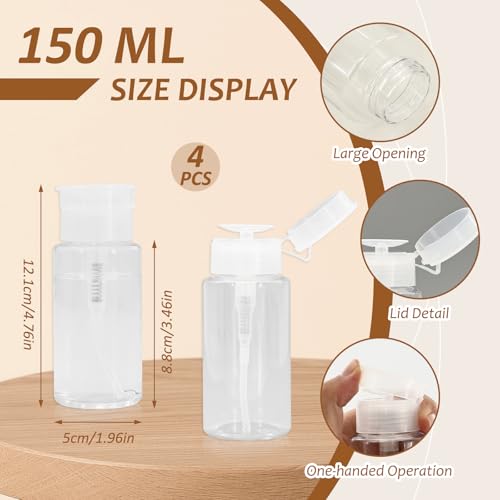 4 Pack Empty Push Down Pump Plastic Bottle Dispenser, Alcohol Pump Dispenser Bottle with DIY Labels for Nail Polish Remover,Facial Toner, 150ML2