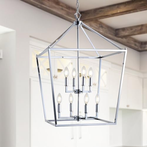 Image of JONATHAN Y Pagoda 8-Light Pendant 20 inch Cage, Chrome | Traditional Metal Farmhouse Hanging Lantern Ceiling Fixture, Adjustable Chain Link, For Kitchen Island, LED Bulb Included