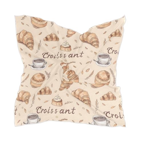 Women's Square Silk Hair Scarves and Wraps Headscarf Coffee Croissants Head Neck Scarf Bandana 24inch