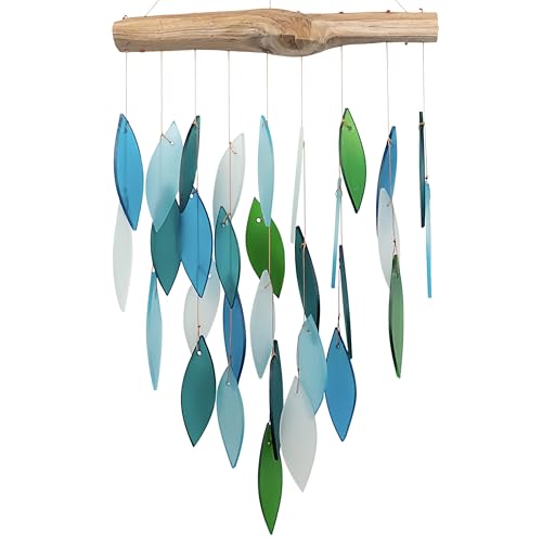 Blue Handworks Ocean Waterfall Glass and Driftwood Chime, Sandblasted Glass and Found Wood Handcrafted Wind Chime
